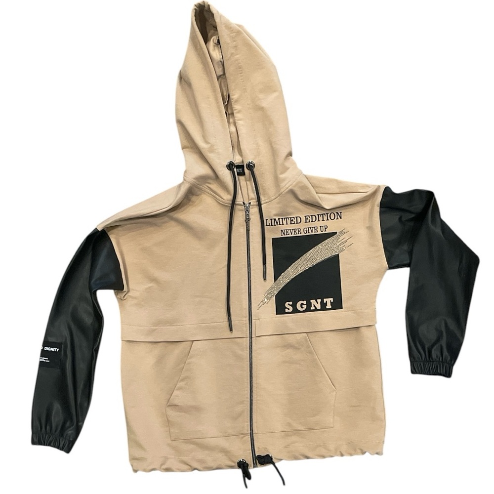 Signet S beige/black with sparkles & pockets full zip graphic sweat hoodie